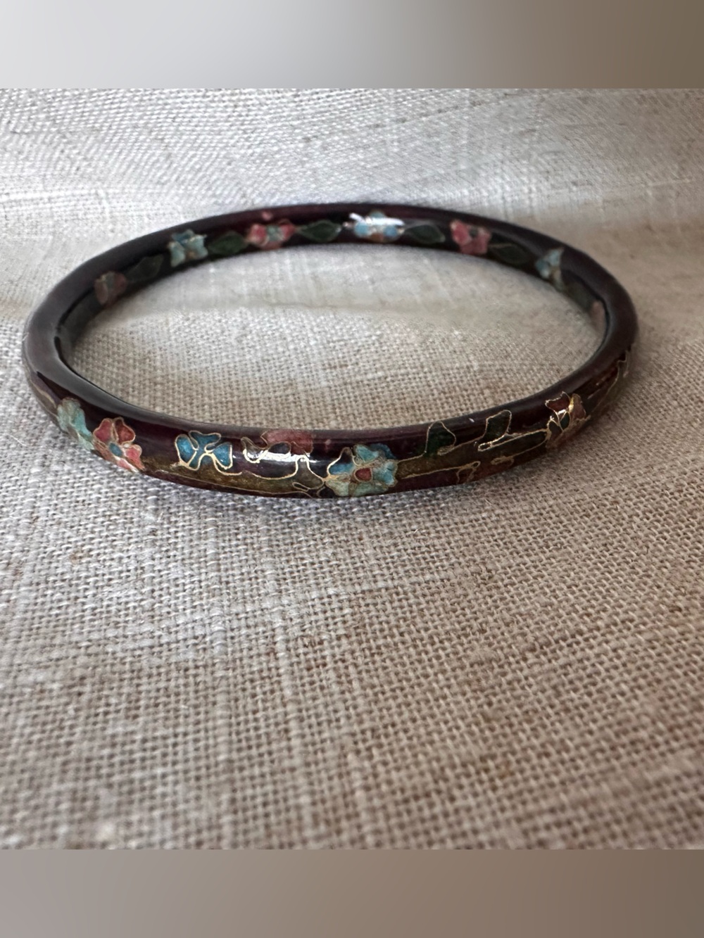 Vintage Burgundy Cloisonné Floral Enamel Bangle Bracelet